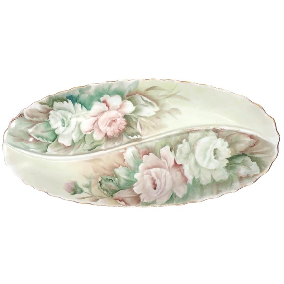 HAND PAINTED FLORAL PORCELAIN DIVIDED OVAL RELISH DISH - VINTAGE 1960s - Picture 2 of 16
